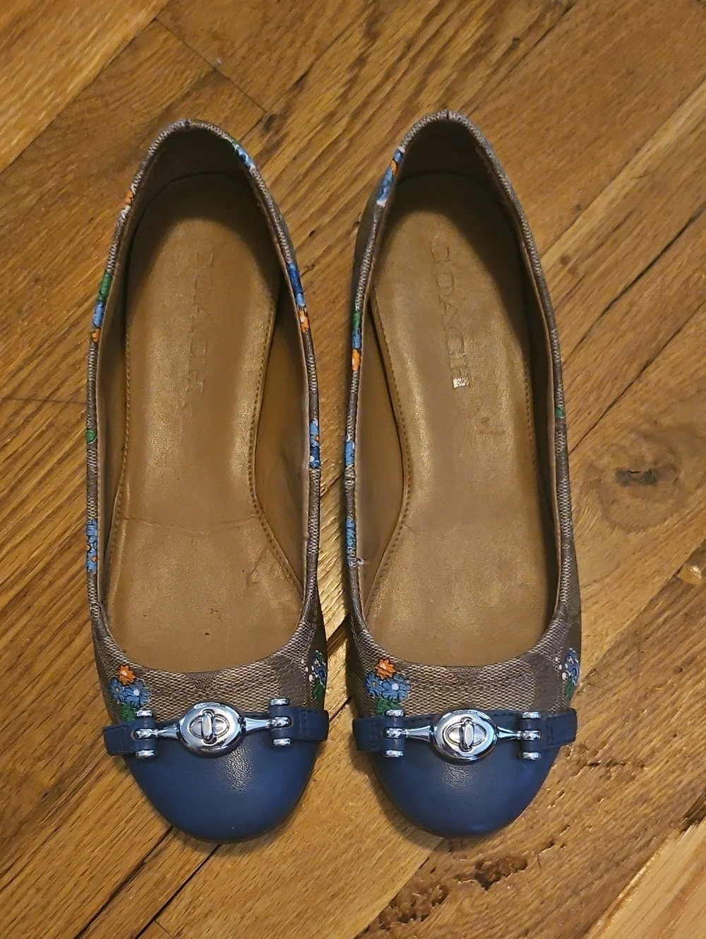 Coach Women's Navy and Brown Floral Ballet Flats 5.5